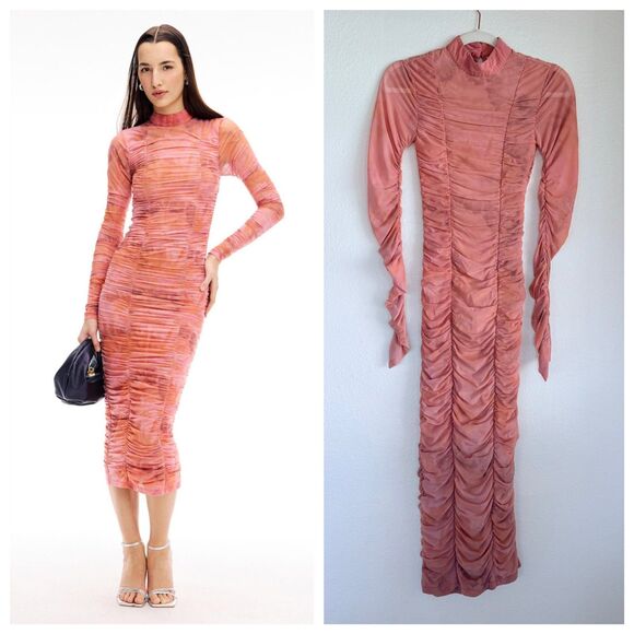 Rococo Sand Mabel Tie Dyed Ruched Long Sleeve Midi Dress in Pink & Orange Sz XS - Picture 1 of 15